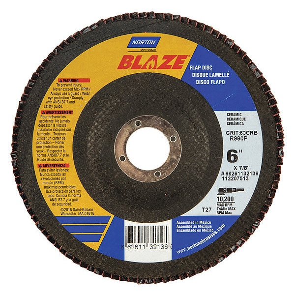 Norton Abrasives Flap Disc, Medium, 60 Grit, 6" dia. - 66261132136