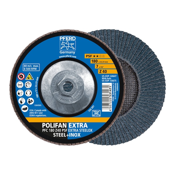 Pferd 7" x 5/8-11 Thd. POLIFAN Flap Disc - Z PSF EXTRA STEELOX, Zirconia, 40 Grit, Conical - 60675