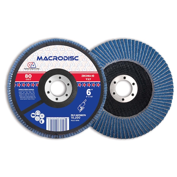 Continental Abrasives 6" x 7/8" 80 Grit T27 Zirconia High Density  Flap Disc - F-6070807H