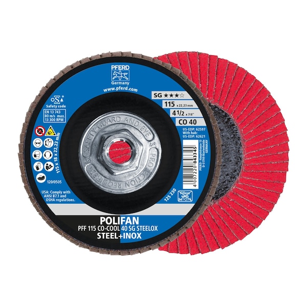 Pferd 4-1/2" x 5/8-11 Thd. POLIFAN Flap Disc - CO-COOL SG STEELOX, Ceramic oxide, 40 Grit, Flat - 62621