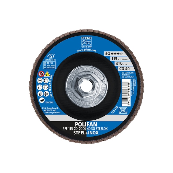 Pferd 4-1/2" x 5/8-11 Thd. POLIFAN Flap Disc - CO-COOL SG STEELOX, Ceramic oxide, 40 Grit, Flat - 62621