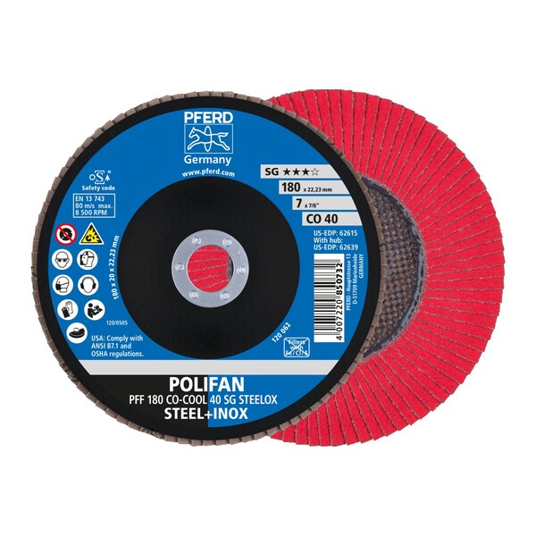 Pferd 7" x 7/8" A.H. POLIFAN Flap Disc - CO-COOL SG STEELOX, Ceramic oxide, 40 Grit, Flat - 62615