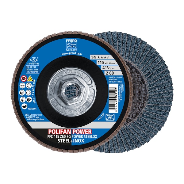 Pferd 4-1/2" x 5/8-11 Thd. POLIFAN Flap Disc - Z SG POWER STEELOX, Zirconia, 60 Grit, Conical - 62323