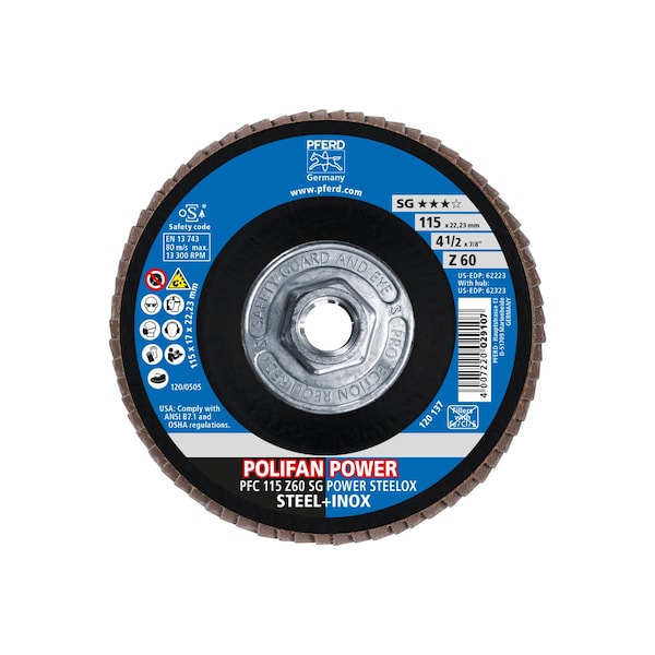 Pferd 4-1/2" x 5/8-11 Thd. POLIFAN Flap Disc - Z SG POWER STEELOX, Zirconia, 60 Grit, Conical - 62323