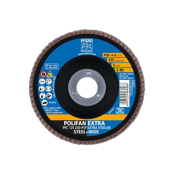 Pferd 5" x 7/8" A.H. POLIFAN Flap Disc - Z PSF EXTRA STEELOX, Zirconia, 40 Grit, Conical - 60633