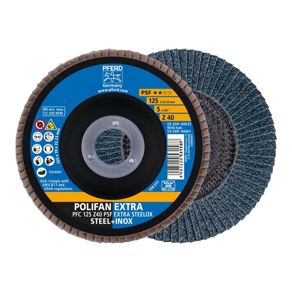 Pferd 5" x 7/8" A.H. POLIFAN Flap Disc - Z PSF EXTRA STEELOX, Zirconia, 40 Grit, Conical - 60633