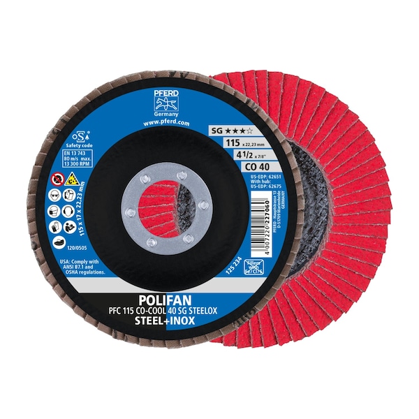 Pferd 4-1/2" x 7/8" A.H. POLIFAN Flap Disc - CO-COOL SG STEELOX, Ceramic oxide, 40 Grit, Conical - 62651