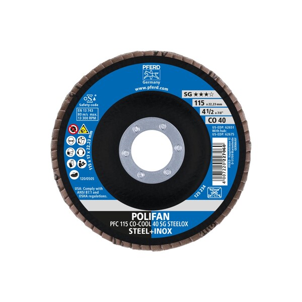 Pferd 4-1/2" x 7/8" A.H. POLIFAN Flap Disc - CO-COOL SG STEELOX, Ceramic oxide, 40 Grit, Conical - 62651