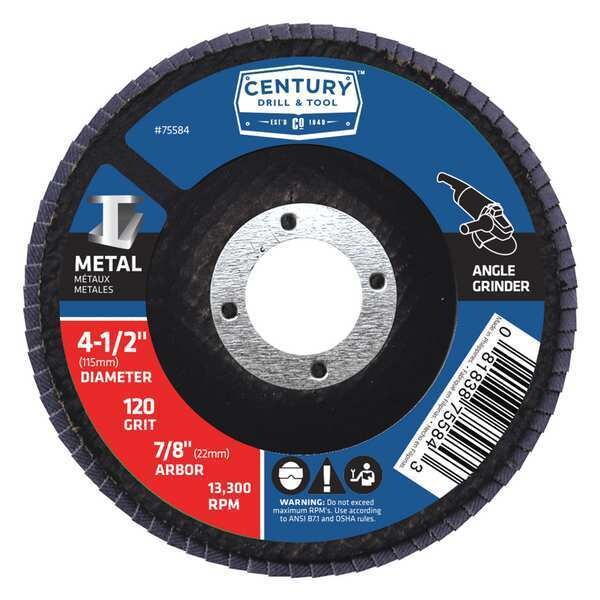 Century Drill & Tool Zirconia Flap Disc, 4-1/2x7/8 in, 120 Grit - 75584