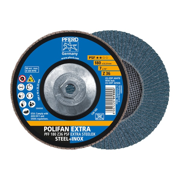 Pferd 7" x 5/8-11 Thd. POLIFAN Flap Disc - Z PSF EXTRA STEELOX, Zirconia, 36 Grit, Flat - 60506