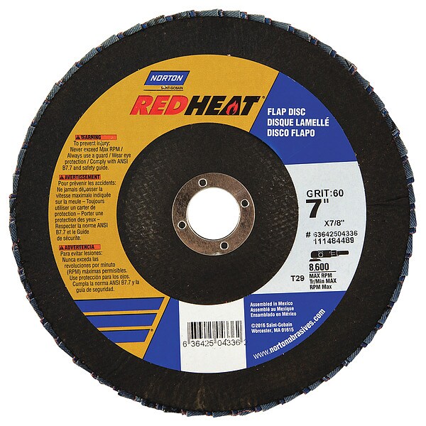 Norton Abrasives Flap Disc, 7 In x 60 Grit, 7/8 - 63642504336