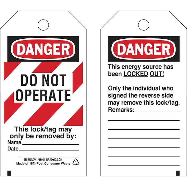 Brady Danger Tag, 5-3/4 x 3 In, OSHA, Brs, PK25 - 66064