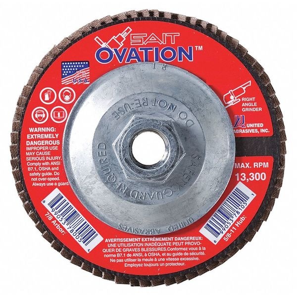 United Abrasives/Sait SAIT 78145 Ovation High Density Fiberglass Backed Flap Disc (Type 27) 7" x 5/8"-11, 36 Grit - 78145