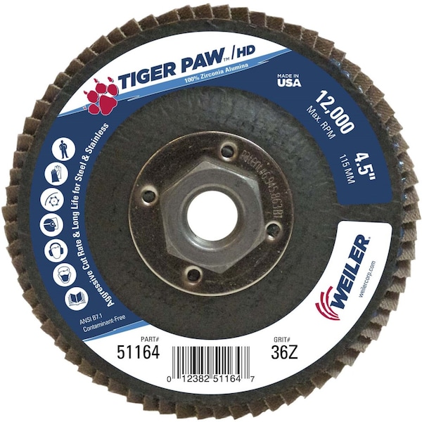 Weiler 4-1/2" Tiger Paw Density Flap Disc, Flat (TY27), 36Z, 5/8"-11 UNC - 51164