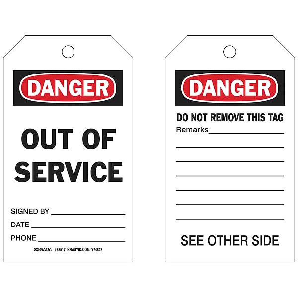 Brady Danger Tag, 7 x 4 In, Bk and R/Wht, PK10 - 86517