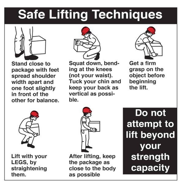 Brady Safe Lifting Techniques Labels, 6in H x 6in W, Black/Red on White, 100PK - 92327