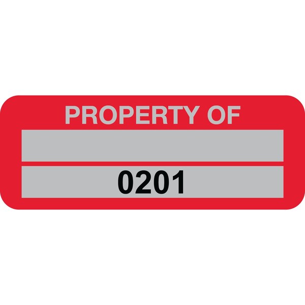 Lustre-Cal Property ID Label PROPERTY OF5 Alum Red 2in x 0.75in 1 Blank Pad&Serialized 0201-0300, 100PK - 253740MA2RD0201