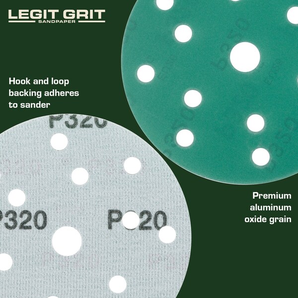 Legit Grit 6 inch Sand paper Disc, 15-Hole, 320 Grit, 50PK - LG6-15320-50