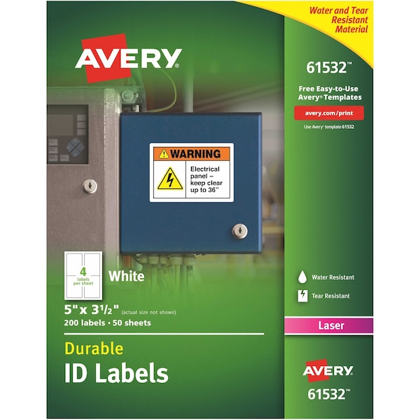 Avery Avery Durable ID Labels with TrueBlock Technology, 61532, Laser, 5" x 3-1/2", White, Pack of 200 - 7278261532