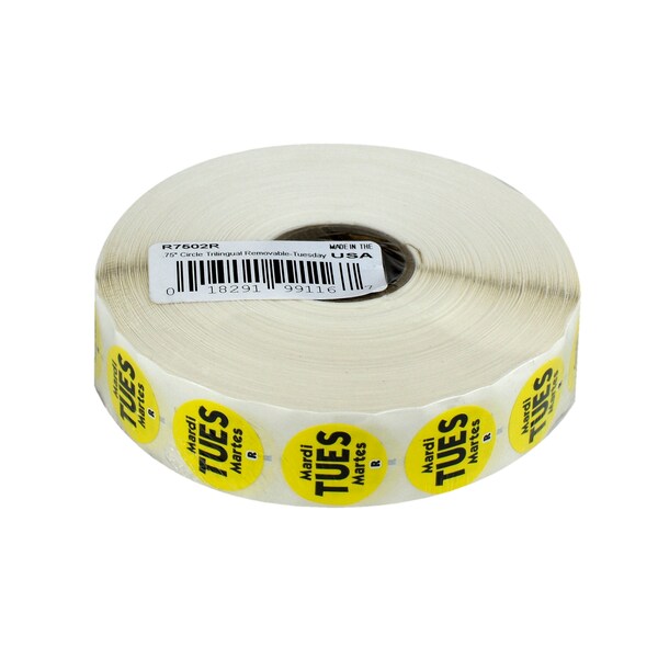 National Checking .75" Circle Trilingual Removable Yellow Tuesday Label, PK2000 - R7502R