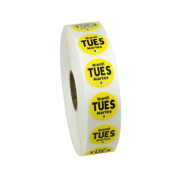 National Checking .75" Circle Trilingual Removable Yellow Tuesday Label, PK2000 - R7502R