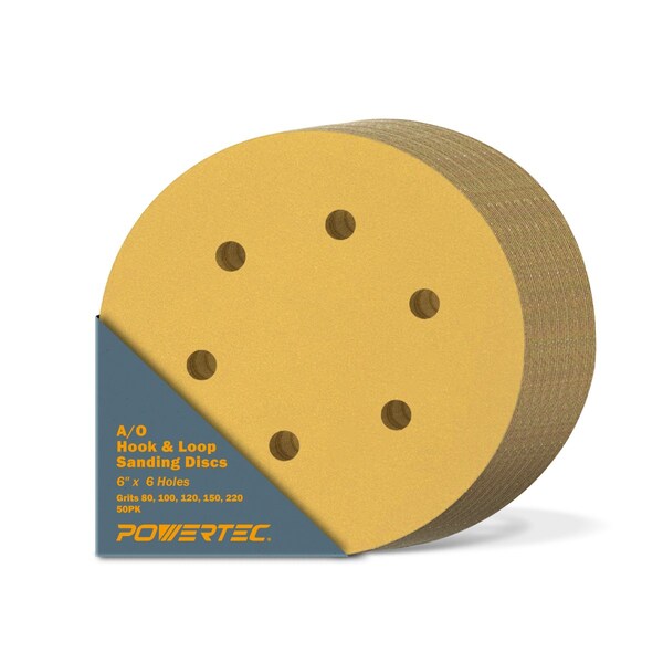 Powertec 6 Inch 6 Hole Hook and Loop Sanding Discs, 80, 100, 120, 150, 220 Assorted Grits, 50PK - 45200XG-50