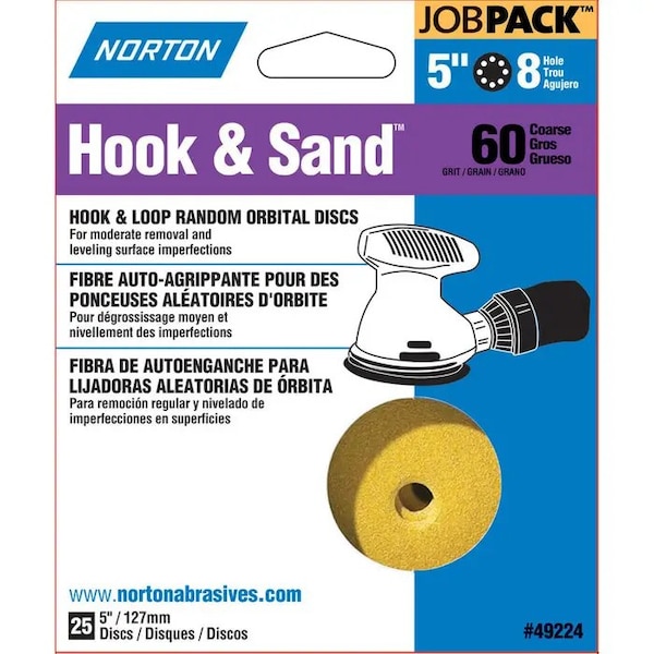 Norton Co 5" Hook & Sand 8-Hole Sanding Disc, P60-Grit, PK 25 - 49224