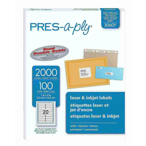 Pres-A-Ply White Labels, 1" x 4", Permanent, PK2000 - 30601