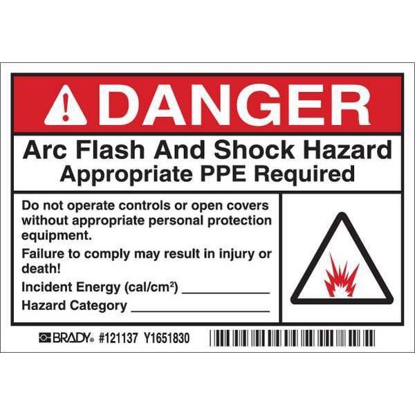 Brady Arc Flash Label, 3-1/2 In. H, PK100, 121137 - 121137