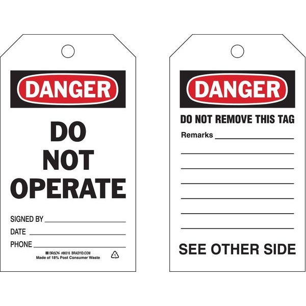 Brady Danger Tag, 7 x 4 In, Bk and R/Wht, PK10 - 86516