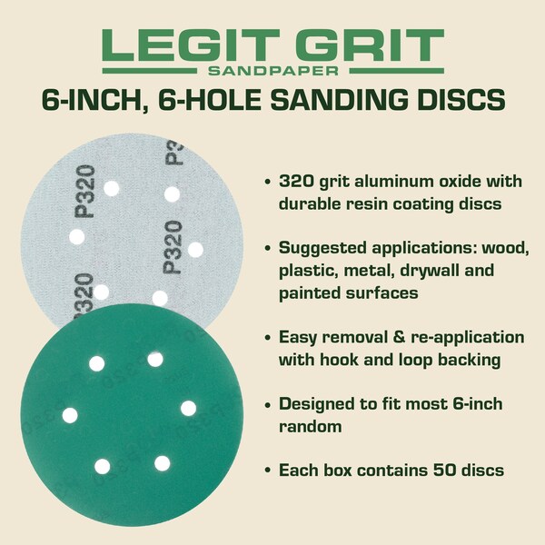 Legit Grit 6 inch Sand paper Disc, 6-Hole, 320 Grit, 50PK - LG6-6320-50