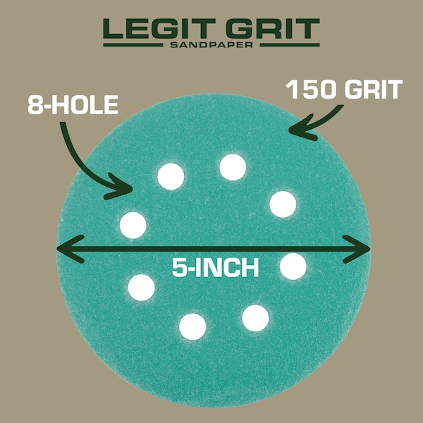 Legit Grit 5 inch Sand paper Disc, 8-Hole, 150 Grit, 150PK - LG5-8150-150
