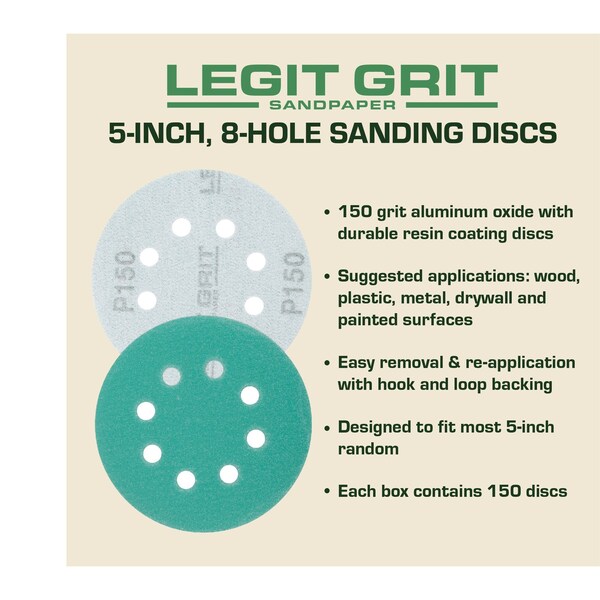 Legit Grit 5 inch Sand paper Disc, 8-Hole, 150 Grit, 150PK - LG5-8150-150