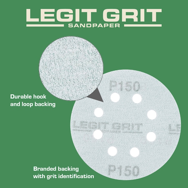 Legit Grit 5 inch Sand paper Disc, 8-Hole, 150 Grit, 150PK - LG5-8150-150