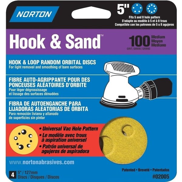 Norton Co 0 Sanding Disc, 5 in Dia, Coated, P100 Grit, Medium, Aluminum Oxide Abrasive, Paper Backing - 2005