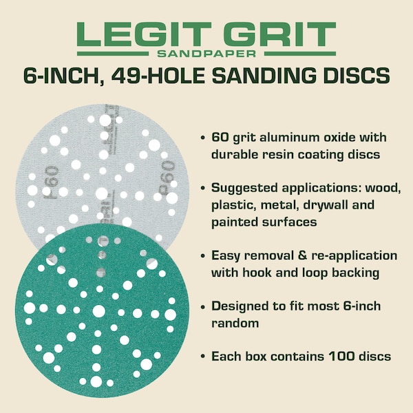 Legit Grit 6 inch Sand paper Disc, 49-Hole, 60 Grit, 100PK - LG6-4960-100