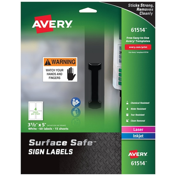 Avery Surface Safe Removable Label Safety Sign, Inkjet/Laser, 3.5x5, Wt, PK60 - 61514