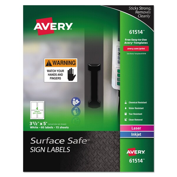 Avery Surface Safe Removable Label Safety Sign, Inkjet/Laser, 3.5x5, Wt, PK60 - 61514