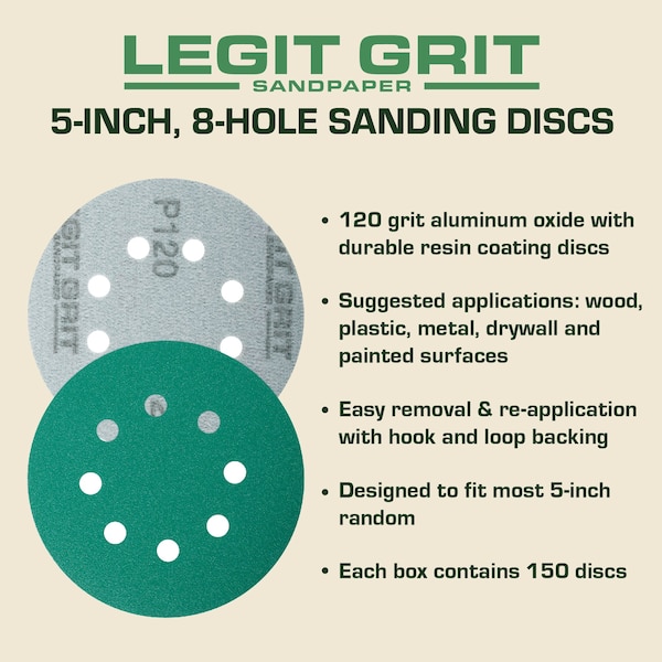 Legit Grit 5 inch Sand paper Disc, 8-Hole, 120 Grit, 150PK - LG5-8120-150