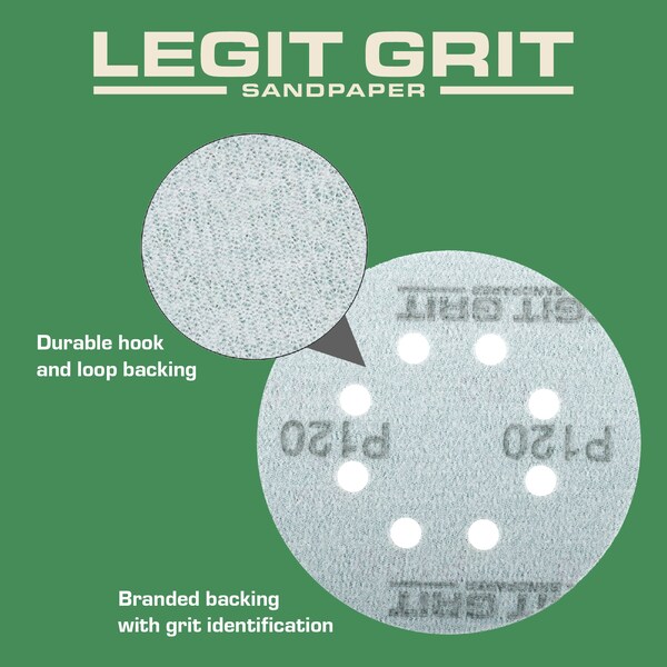 Legit Grit 5 inch Sand paper Disc, 8-Hole, 120 Grit, 150PK - LG5-8120-150