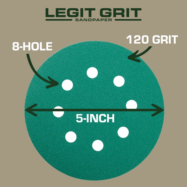Legit Grit 5 inch Sand paper Disc, 8-Hole, 120 Grit, 150PK - LG5-8120-150