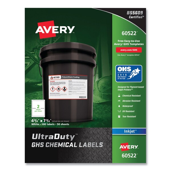 Avery UltraDuty Chem Waterproof and UV Resistant Label, 4.75x7.75, Wt, PK100 - 60522