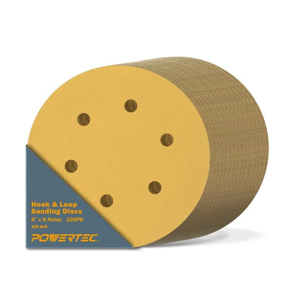 Powertec 320 Grit, 6 Inch 6 Hole Hook and Loop Sanding Discs for Random Orbital Sander, 100PK - 45232G-50-P2