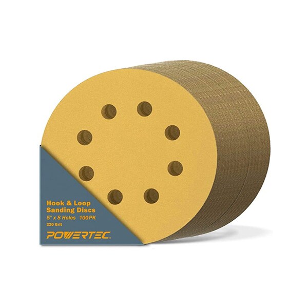 Powertec Gold A/O Hook and Loop Sanding Disc, 5 in. x 8 Holes, 220 Grit, 100PK - 44022G-50-P2