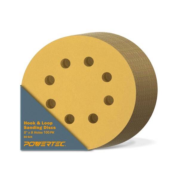 Powertec 5 in. x 8 Holes, 80 Grit, A/O Hook & Loop Sanding Disc, Gold, 100PK - 44008G-50-P2