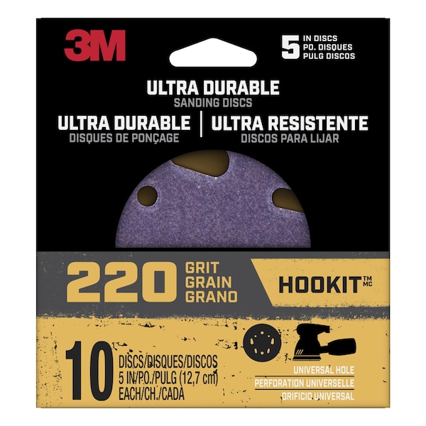 3M Ultra Durable 5 inch Power Sanding Discs, Universal Hole, 220 grit, 12PK - DISC5IN10PK220