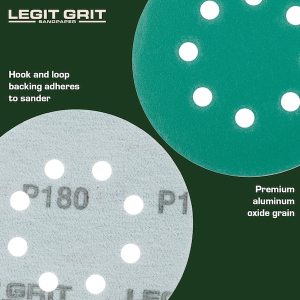 Legit Grit 5 inch Sand paper Disc, 8-Hole, 180 Grit, 100PK - LG5-8180-100
