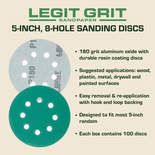 Legit Grit 5 inch Sand paper Disc, 8-Hole, 180 Grit, 100PK - LG5-8180-100