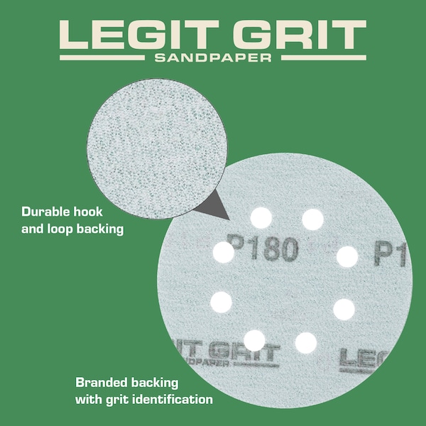 Legit Grit 5 inch Sand paper Disc, 8-Hole, 180 Grit, 100PK - LG5-8180-100