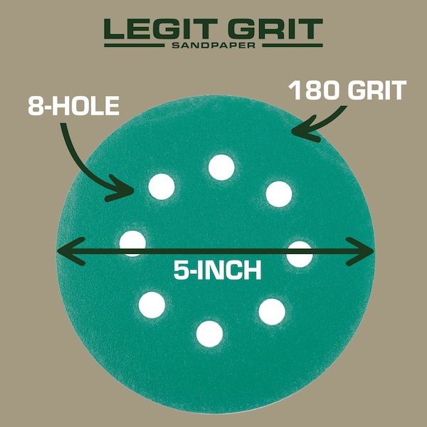 Legit Grit 5 inch Sand paper Disc, 8-Hole, 180 Grit, 100PK - LG5-8180-100